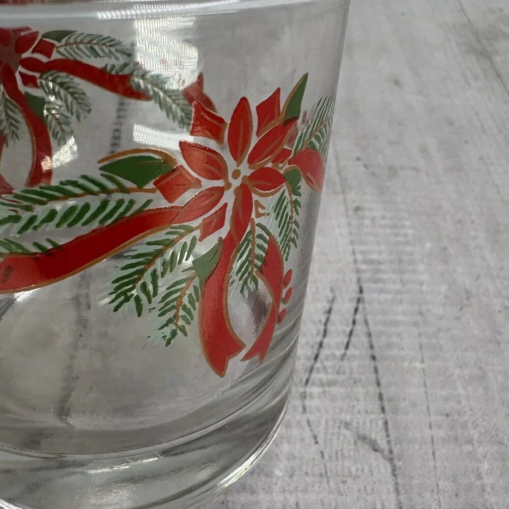 Anchor Hocking POINSETTIA & RIBBONS 89524 Rocks 9oz Whiskey Glasses Set 3 NEW